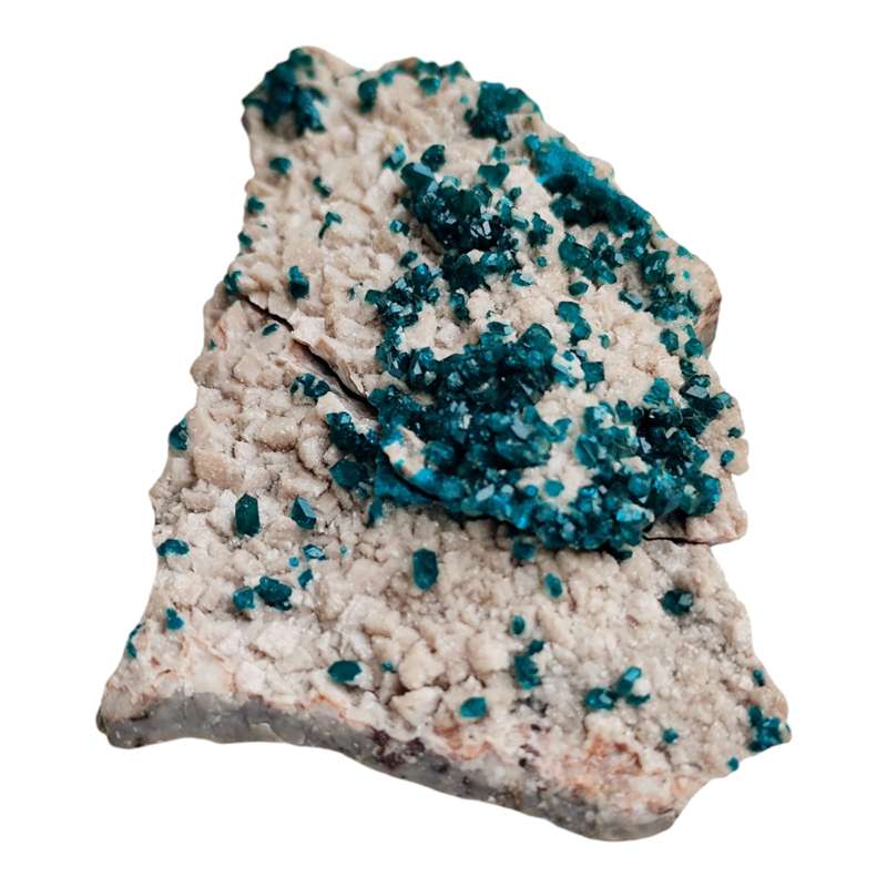 Dioptase on calcite, Tsumeb, small hand size specimen