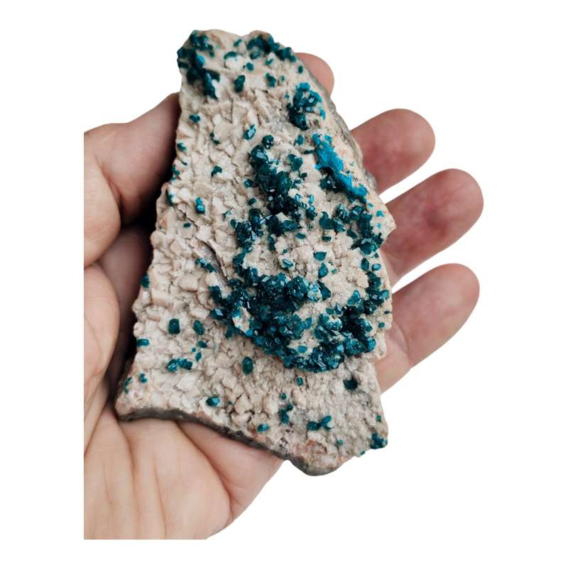 Dioptase on calcite, Tsumeb, small hand size specimen
