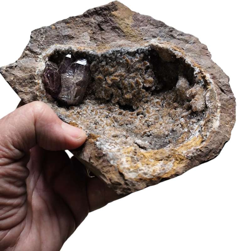 Amethyst with Calcite in a vug within Basalt matrix, Namibia, 8.5 x 14.6 x 11.5cm