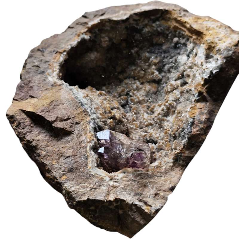 Amethyst with Calcite in a vug within Basalt matrix, Namibia, 8.5 x 14.6 x 11.5cm