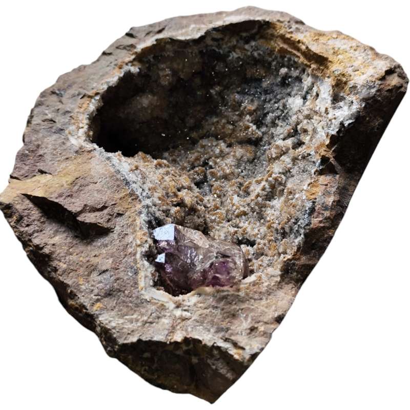 Amethyst with Calcite in a vug within Basalt matrix, Namibia, 8.5 x 14.6 x 11.5cm