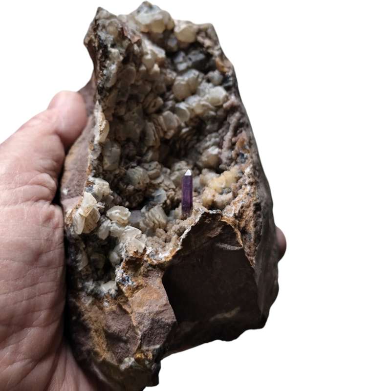 Amethyst with Calcite in a vug within Basalt matrix, Namibia, 8 x 13.5 x 7.2cm