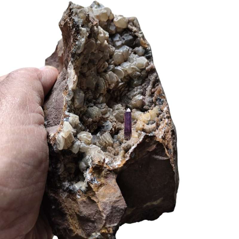 Amethyst with Calcite in a vug within Basalt matrix, Namibia, 8 x 13.5 x 7.2cm