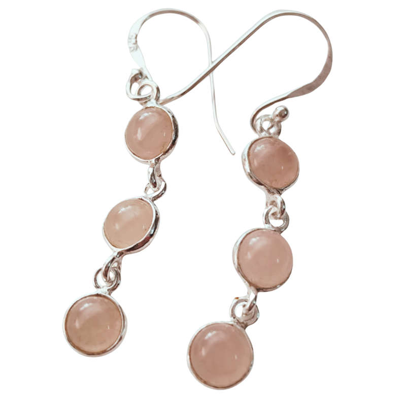 Tripple dot drop earrings in 925 silver, Rose quartz, 40mm incl. hook