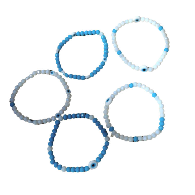 Blue & white glass beads with Evil eye bead bracelet, stretch cord