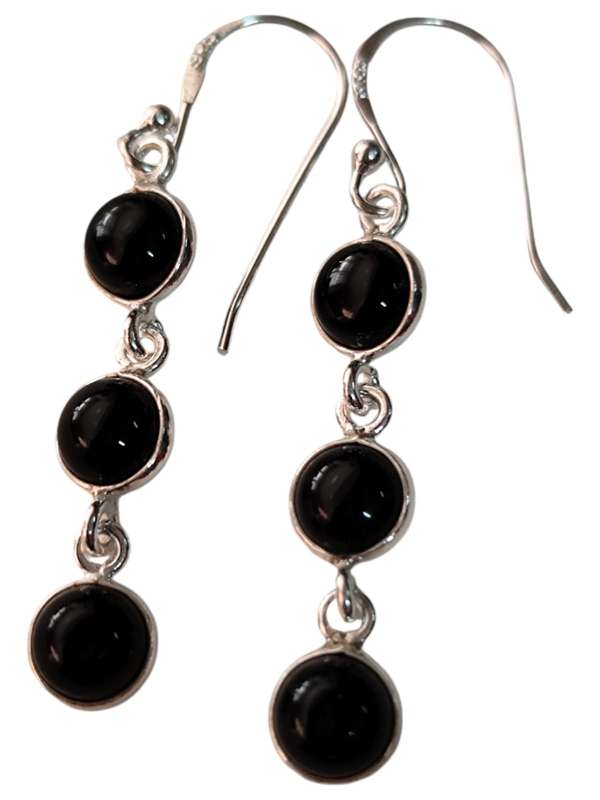 Tripple dot drop earrings in 925 silver, Obsidian, 40mm incl. hook