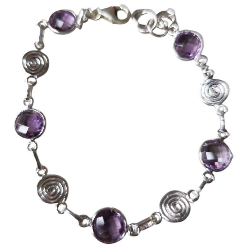 Amethyst gemstone bracelet in 925 silver, Round, with lobster clasp and jump ring chain end
