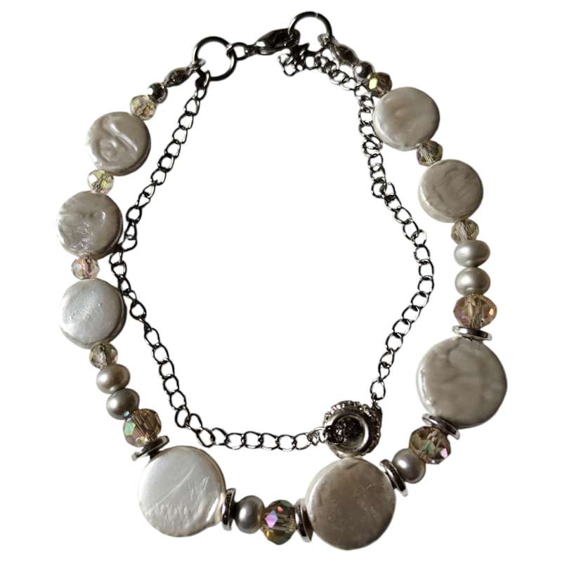 Button freshwater pearl, small pearl, Swarovski & stainless-steel double strain bracelet with charm