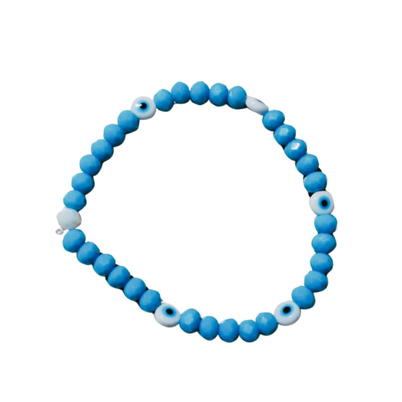 Blue & white glass beads with Evil eye bead bracelet, stretch cord