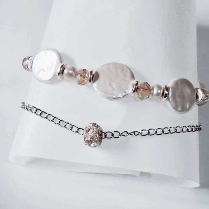 Button freshwater pearl, small pearl, Swarovski & stainless-steel double strain bracelet with charm