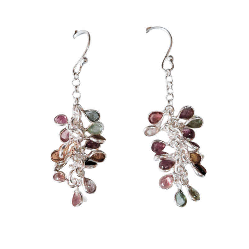 Colourful Tourmaline dangle earrings includes hooks, 925 Silver, Tear drop shape