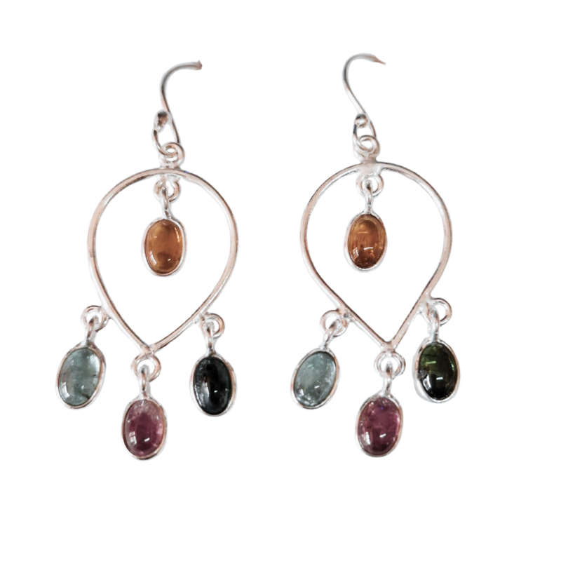 Colourful Tourmaline chandelier earrings, Silver 925, Oval