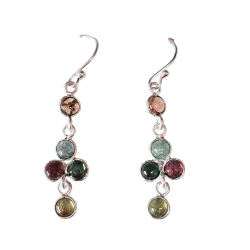 Colourful Tourmaline dangle earrings include hooks, 925 Silver, Round shape