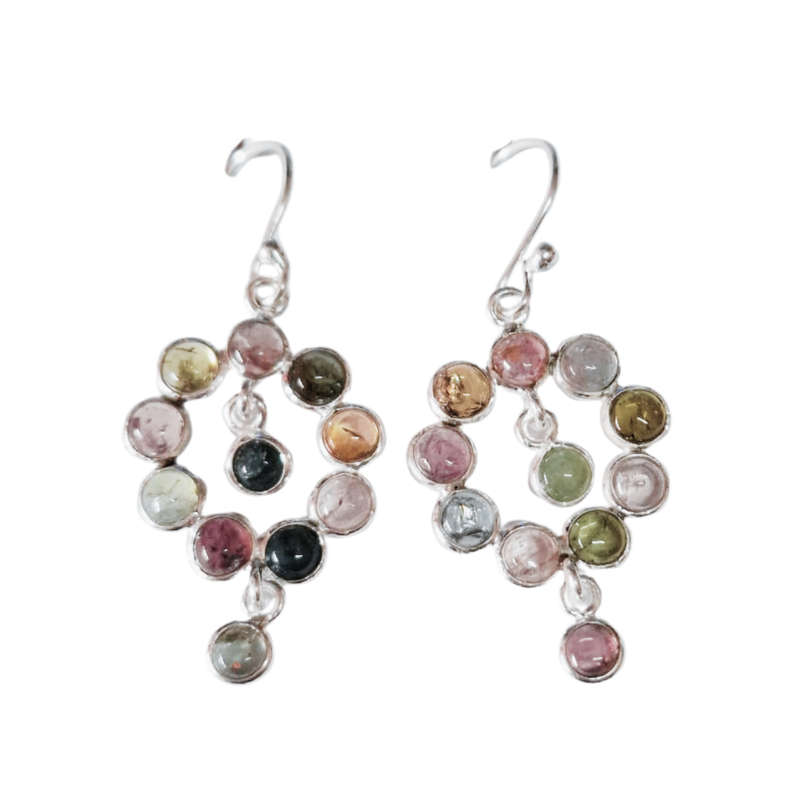 Colourful Tourmaline dangle earrings include hooks, 925 Silver, Round shape
