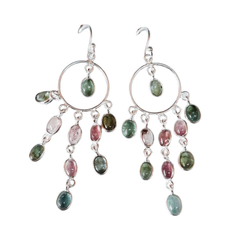 Colourful Tourmaline chandelier earrings, Silver 925, Oval