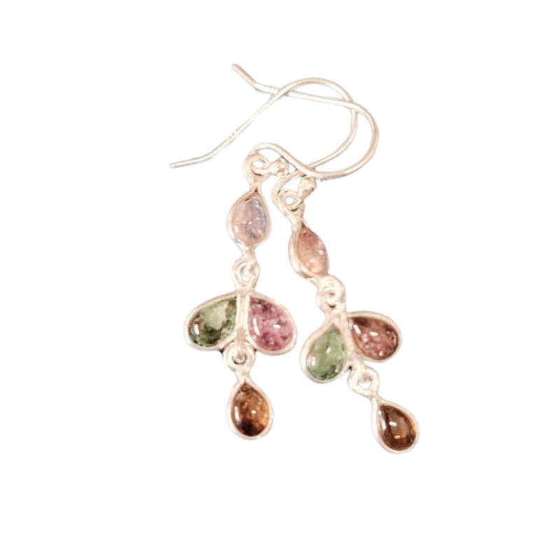 Colourful Tourmaline dangle earrings includes hooks, 925 Silver, Tear drop shape,