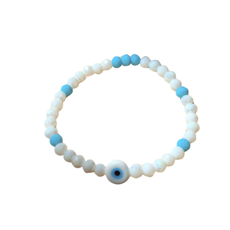 Blue & white glass beads with Evil eye bead bracelet, stretch cord