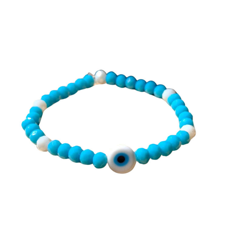 Blue & white glass beads with Evil eye bead bracelet, stretch cord