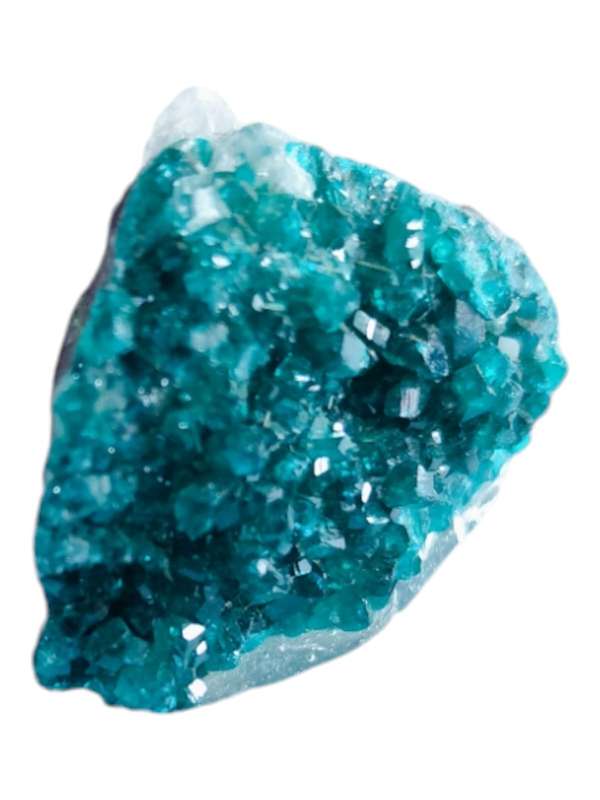 Dioptase and calcite, Tusmeb, 2 x 1 x 1.9cm