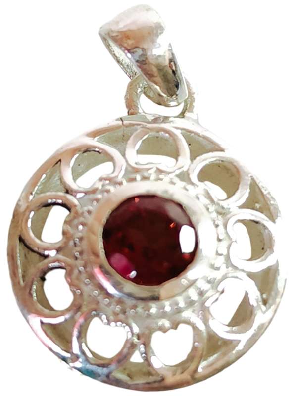 Garnet stone pendant in 925 silver, Round Brilliant cut, 20mm, 925 bail included