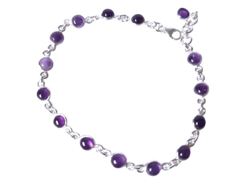 Amethyst gemstone bracelet in 925 silver, Cabochon, Round cut with lobster clasp and jump ring end
