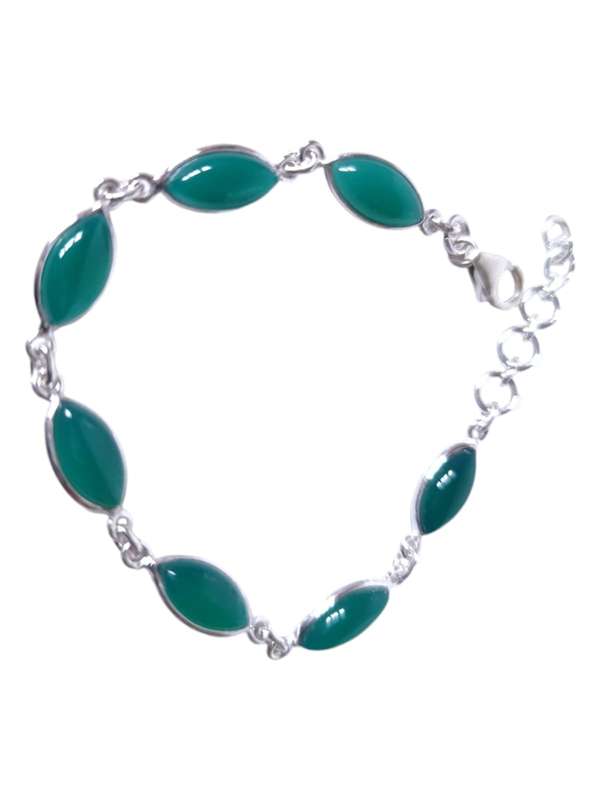 Green Chalcedony gemstone bracelet in 925 silver, Cabochon, Marquise cut with lobster clasp and j...