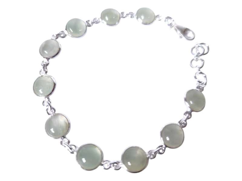 Prehnite gemstone bracelet in 925 silver, Cabochon, Round cut with lobster clasp and jump ring end