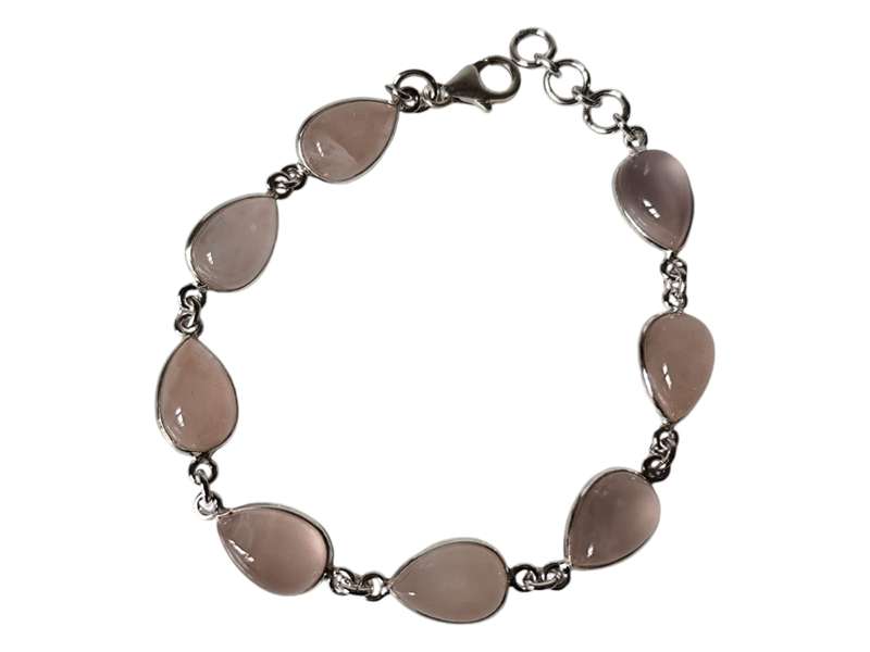 Rose quartz gemstone bracelet in 925 silver, Cabochon, Pear cut with lobster clasp and jump ring end