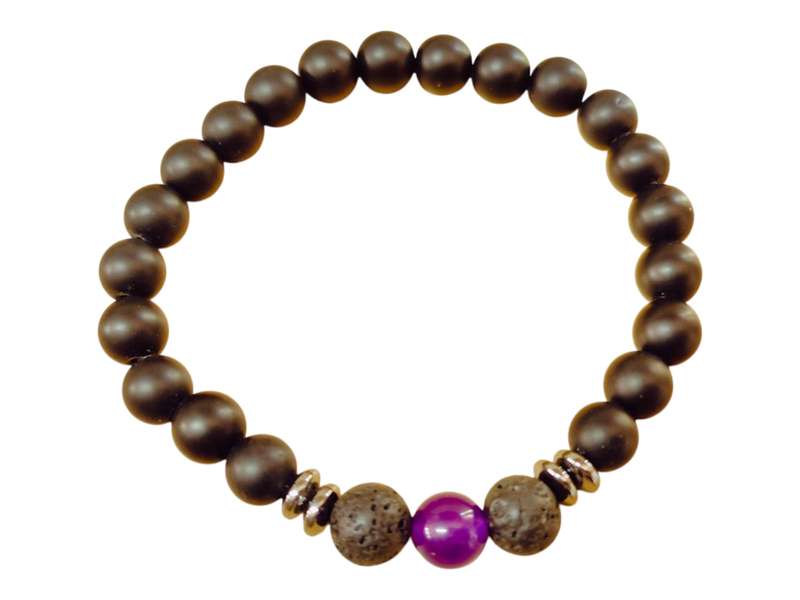 Matte obsidian with lava & amethyst bead bracelet, stretch cord