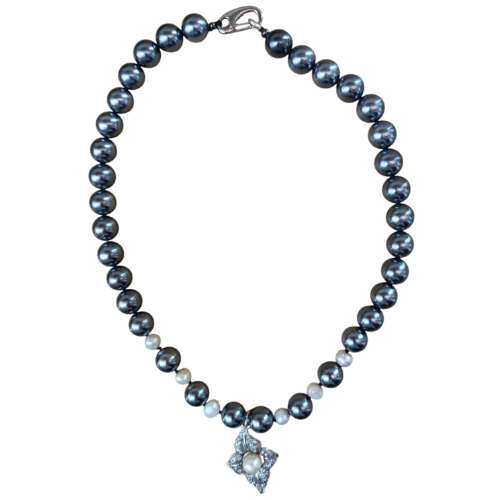 Grey Shell pearl necklace with freshwater pearl beads and base metal flower pendant with clip cla...