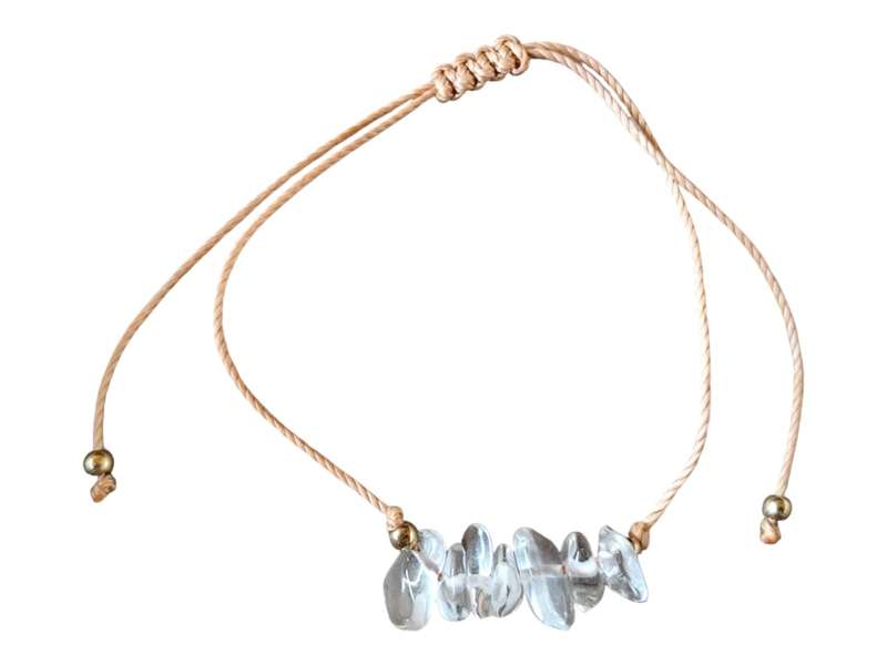 Chip bracelet on tan colour rope, Clear Quartz, adjustable