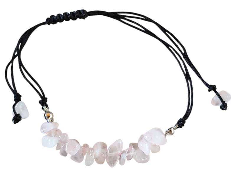 Chip bracelet on black rope, Rose Quartz, adjustable