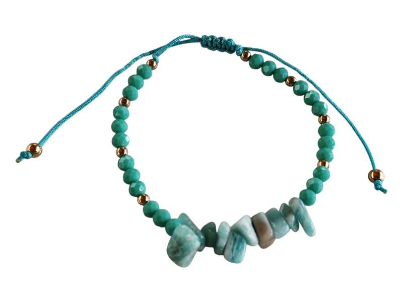 Amazonite chips w glass beads bracelet, adjustable
