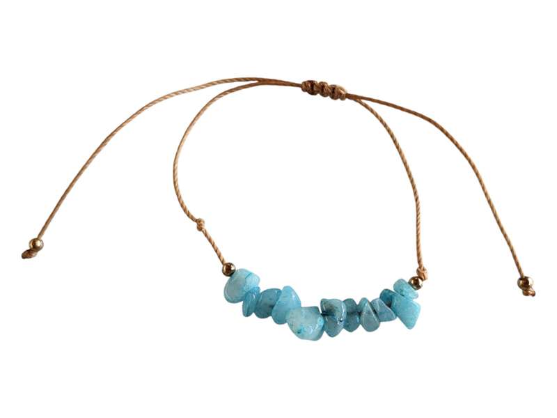 Blue dyed quartz Chip bracelet on tan colour rope, adjustable