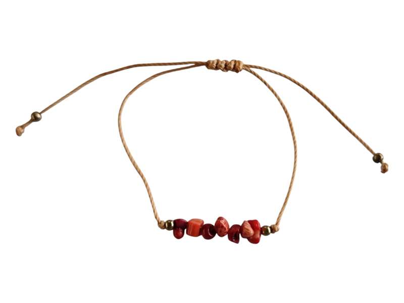 Red Coral Chip bracelet on tan colour rope, adjustable