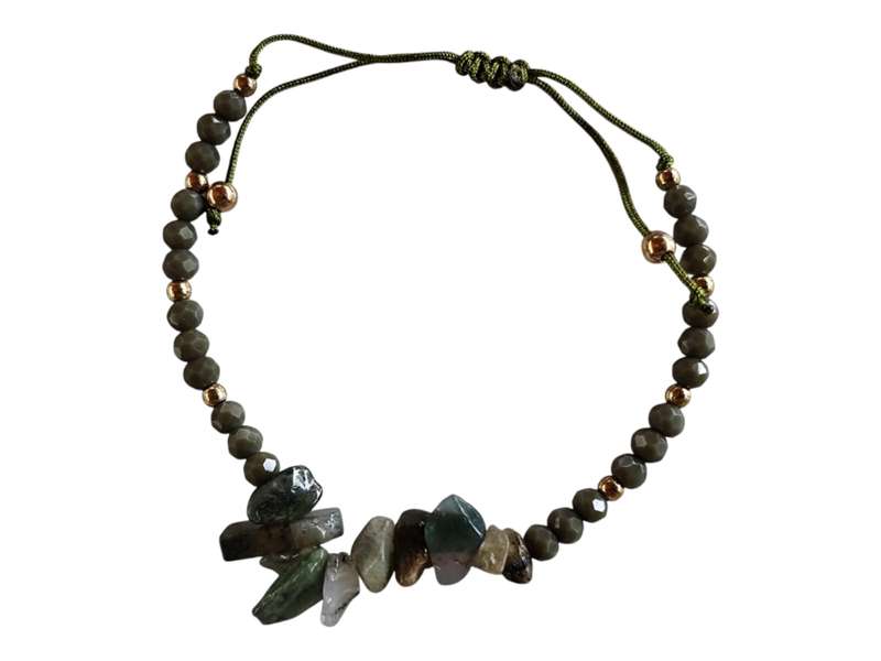 Variegated Agate chips w glass beads bracelet, adjustable