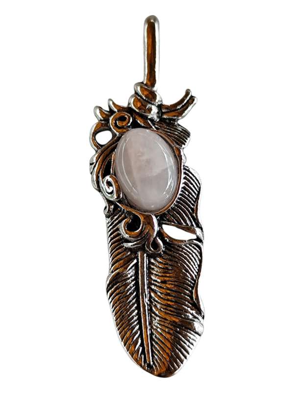 Feather cabochon pendant, Rose quartz, 62mm