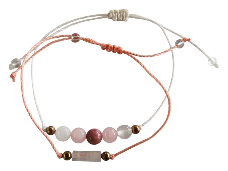 Couple bracelet set, white & pink, adjustable