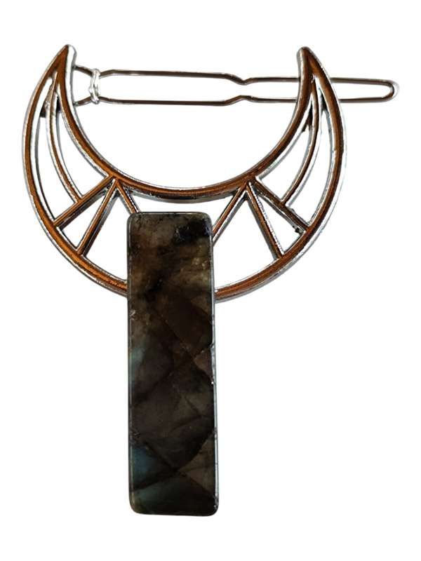 Boho Labradorite with crescent moon hair clip, silver colour base, 45mm x 10mm x 7.2mm