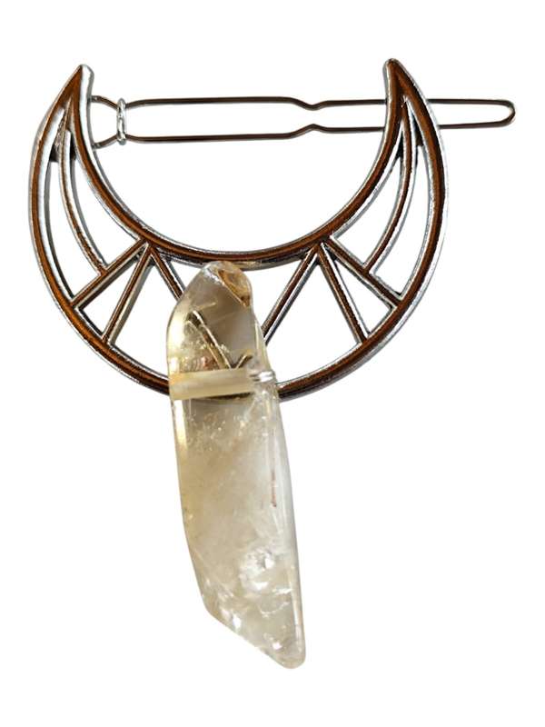 Boho Citrine with crescent moon hair clip, silver colour base, 45mm x 10mm x 7.2mm