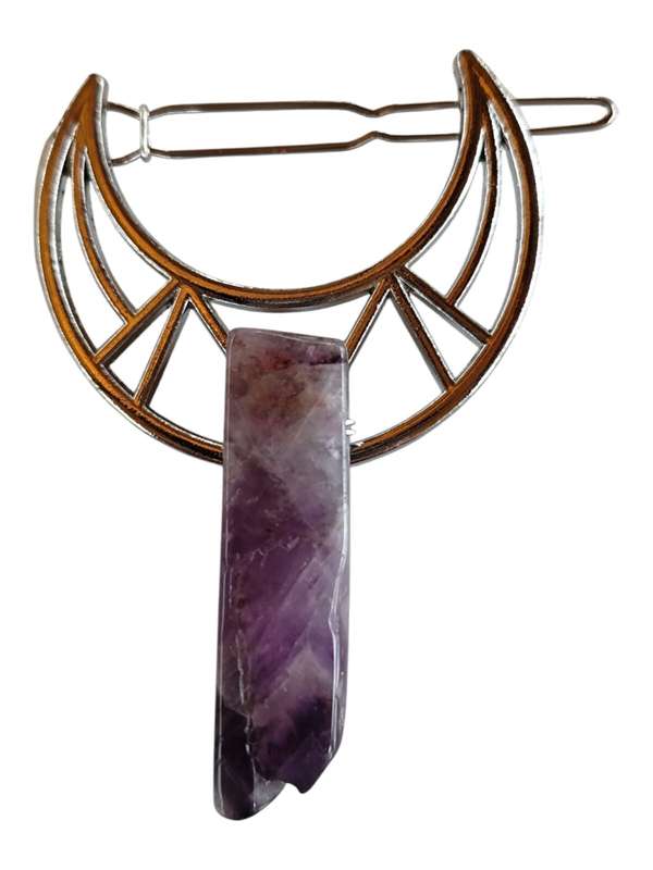 Boho Amethyst with crescent moon hair clip, silver colour base, 45mm x 10mm x 7.2mm