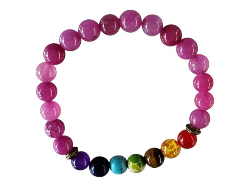 Pink Jadeite with chakra bracelet with two bronze spacers, stretch cord