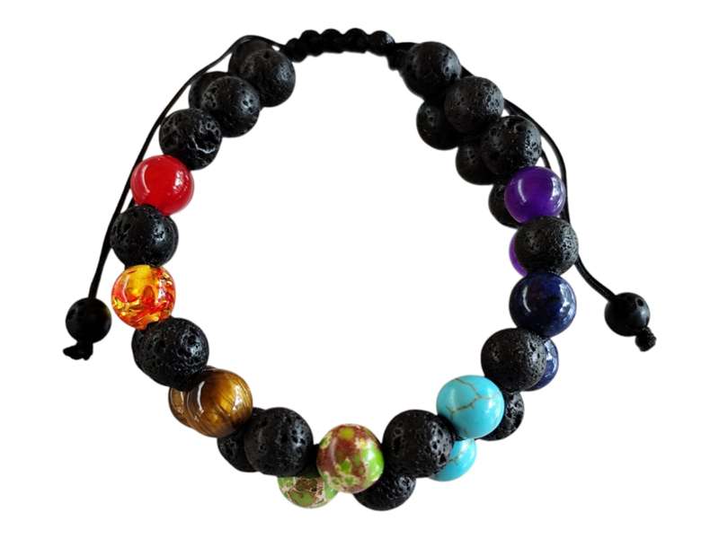 Diagonal Chakra & lava bracelet, double row, adjustable