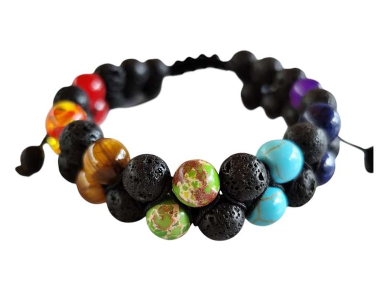Diagonal Chakra & lava bracelet, double row, adjustable