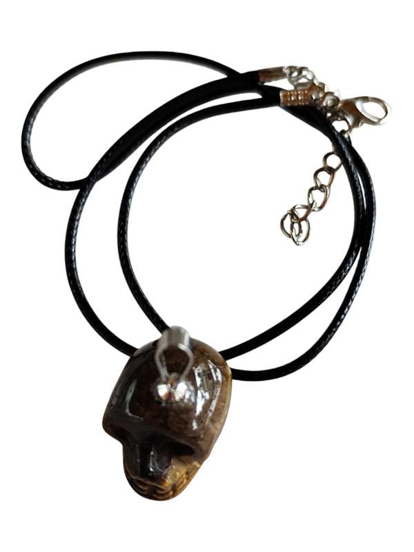 Tiger Eye skull pendant on black sting, 45cm