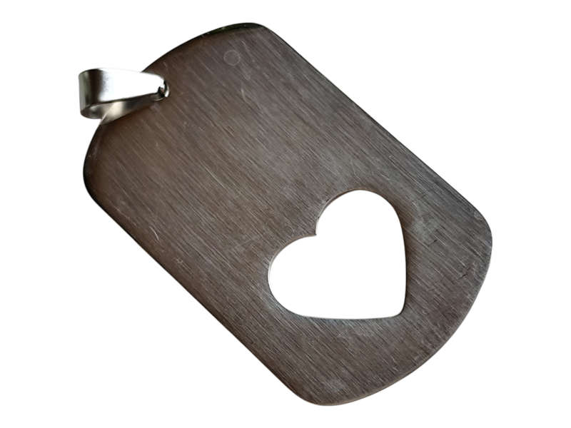 Dog tag pendant w heart, stainless steel, 51mm w bail