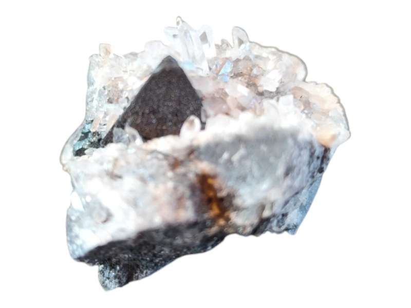 Tennantite with clear quartz points, Tsumeb, 3 x 3.2 x 3cm