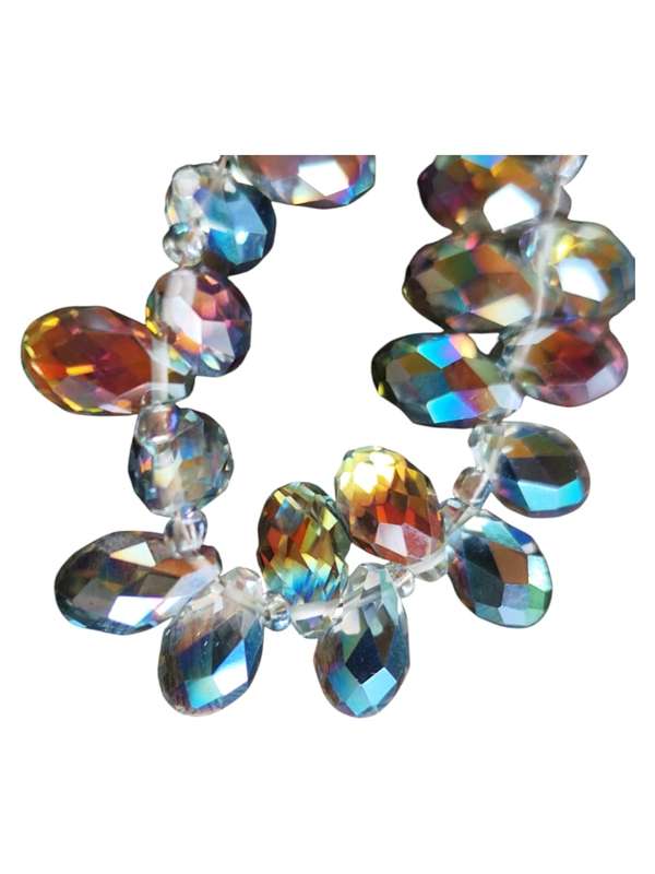Glass bead string, faceted, Tear drop, clear to blue AB, 0.6 x 1.2cm bead, 2.3 x 25cm strand