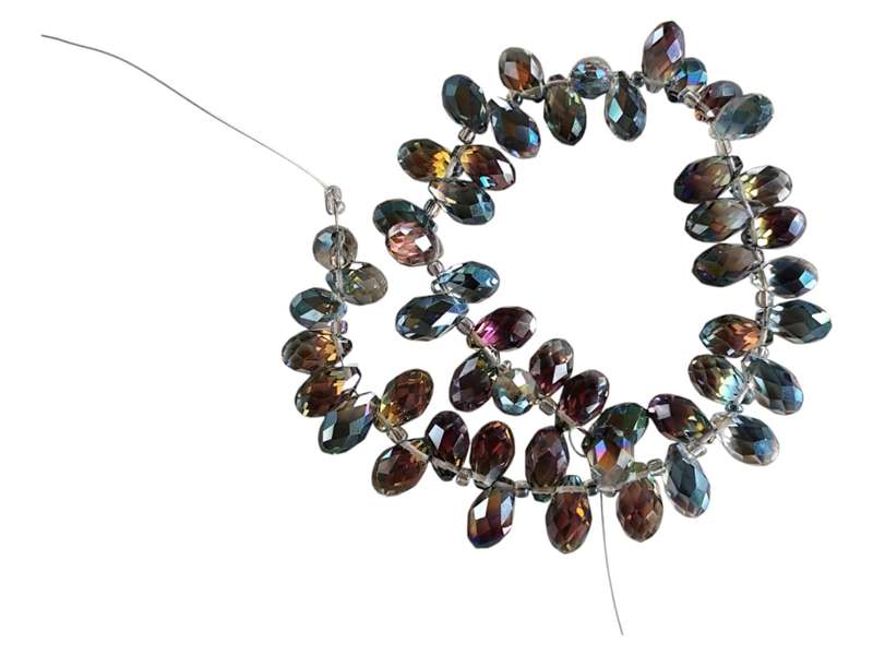 Glass bead string, faceted, Tear drop, clear to blue AB, 0.6 x 1.2cm bead, 2.3 x 25cm strand