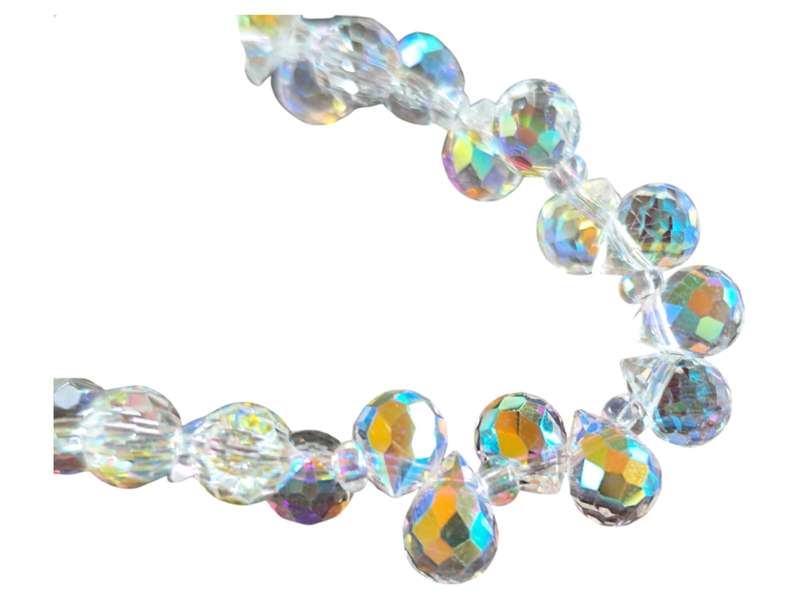 Glass bead string, faceted, Tear drop, clear AB, 0.5 x 0.8cm bead, 1.2 x 50cm strand